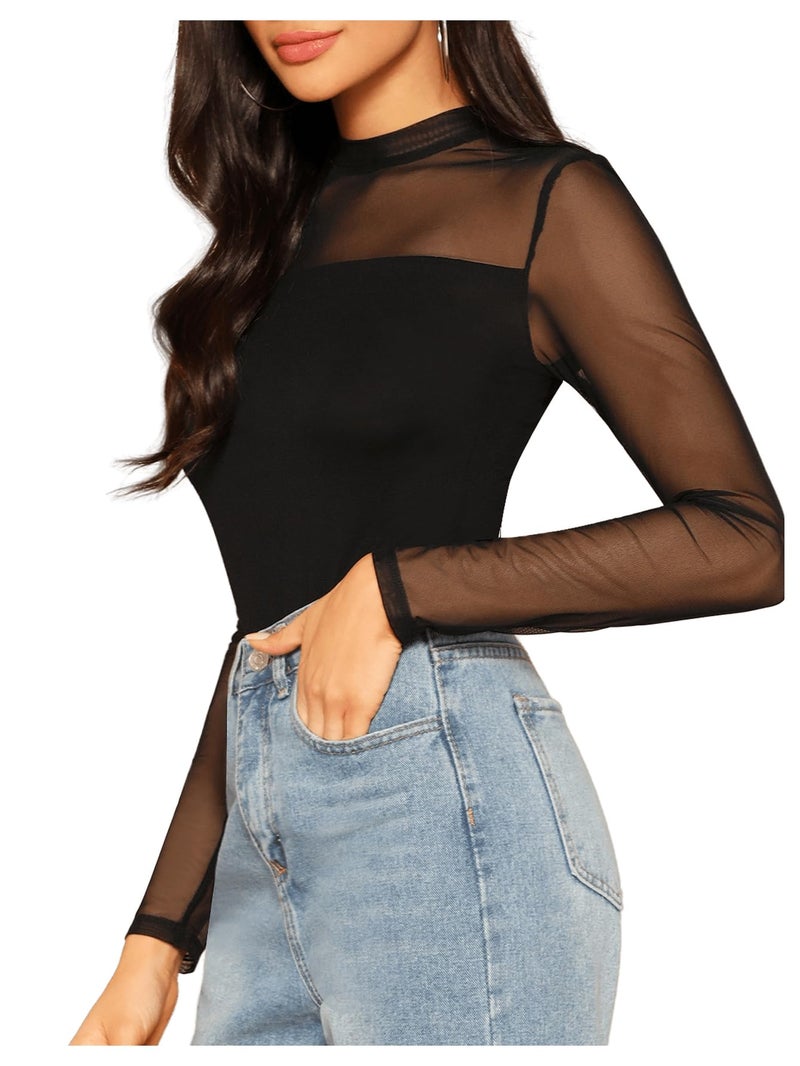 SweatyRocks Women's Elegant Long Sleeve Contrast Sheer Mesh Slim Fit T Shirt Tops Black #1 L - Image 4